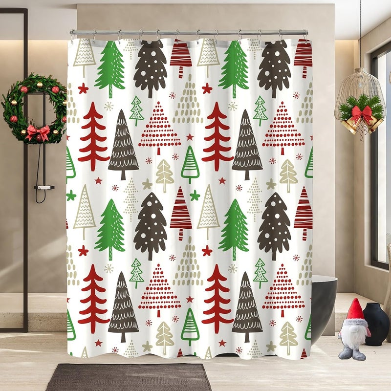 YOSTEV Christmas Shower Curtain, Colorful Christmas Tree Shower Curtains for Bathroom, Red Green Winter Holiday Shower Curtain, Merry Christmas Xmas Pine Fabric Cloth Bath Curtain, 72x72 Inch - Image 2